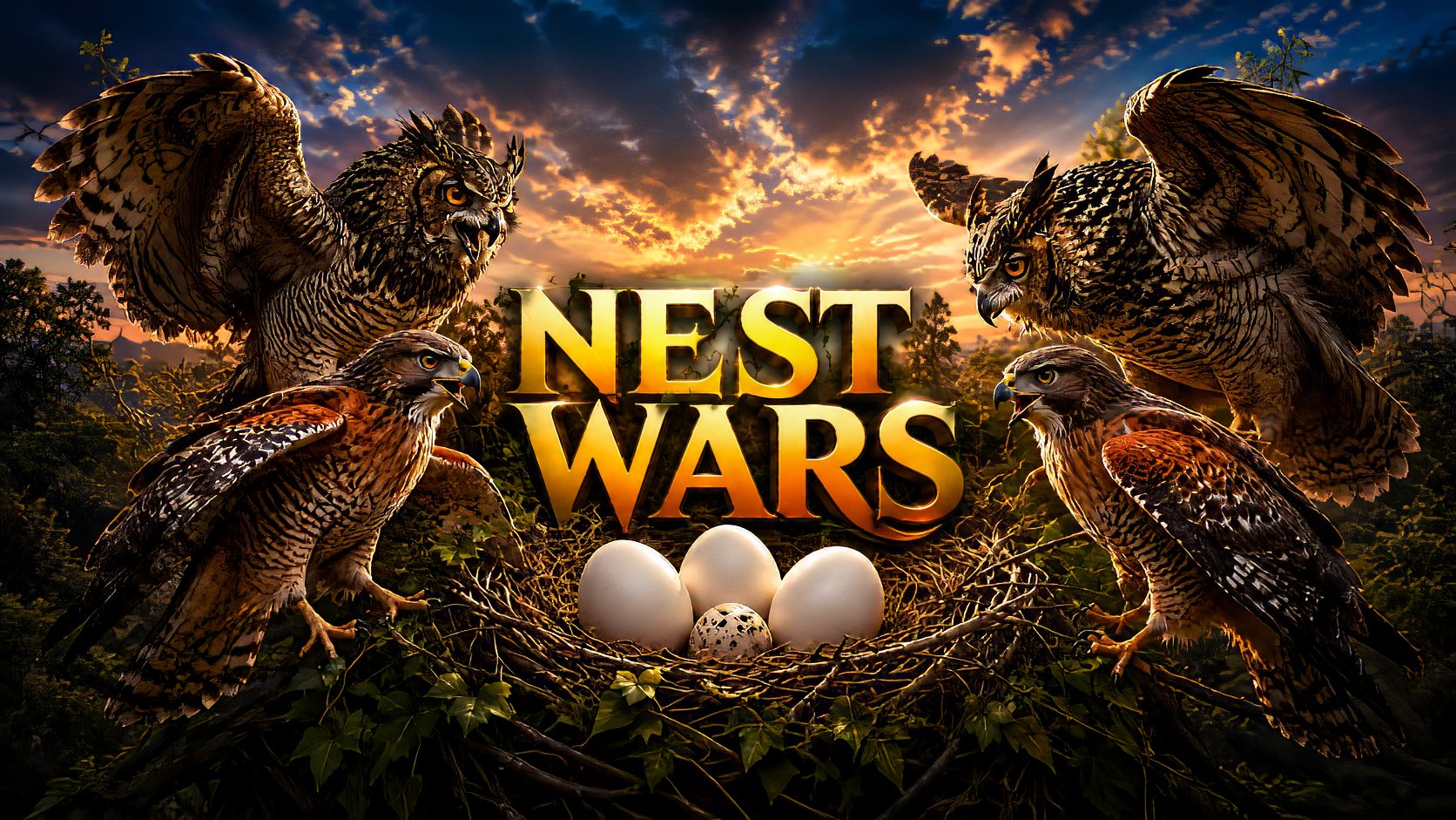Nest Wars key art: great horned owls and red-shouldered hawks around a nest of eggs at sunset